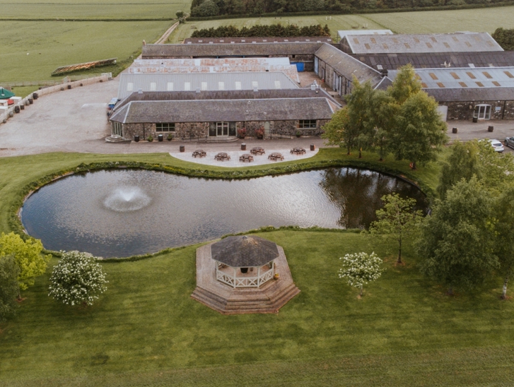 Aerial view of Bachilton Barn wedding venue, Perthshire